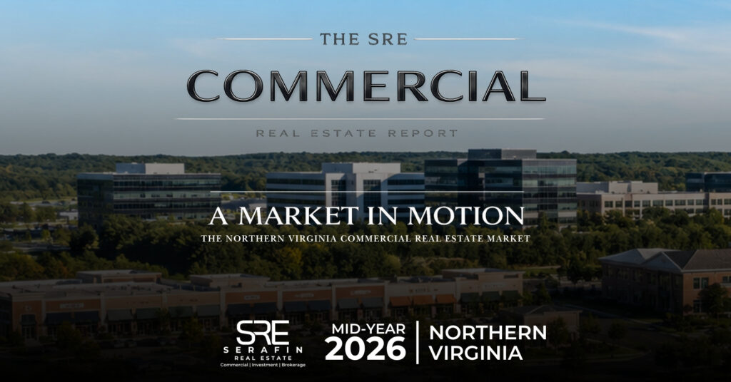 Serafin Real Estate 'A Market in Motion' Mid-Year 2026 Northern Virginia commercial real estate report cover, showing a Northern Virginia office park and retail skyline